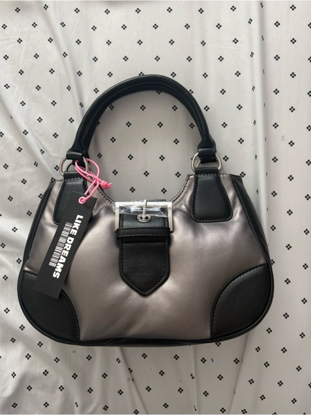 Metallic Silver Top-Handle Satchel with Black Trim